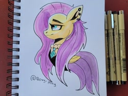 Size: 2048x1536 | Tagged: safe, artist:poxy_boxy, imported from derpibooru, fluttershy, pegasus, pony, bust, clothes, dress, ear piercing, earring, female, fluttergoth, jewelry, mare, piercing, profile, signature, solo, traditional art