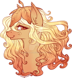 Size: 800x859 | Tagged: safe, artist:tinuleaf, imported from derpibooru, oc, oc only, earth pony, pony, autumn, blonde mane, bust, deviantart watermark, female, gradient mane, hat, leaf, leaf on head, mare, obtrusive watermark, orange coat, orange eyes, orange mane, portrait, simple background, solo, transparent background, watermark