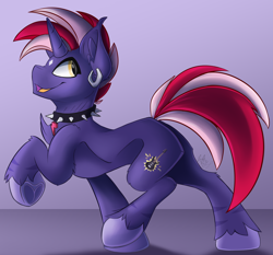 Size: 1500x1400 | Tagged: safe, artist:starcasteclipse, imported from derpibooru, oc, oc only, pony, unicorn, choker, collar, ear piercing, earring, jewelry, looking back, open mouth, piercing, raised hoof, raised leg, slim, smiling, solo, spiked choker, spiked collar, underhoof, unshorn fetlocks