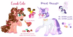 Size: 2983x1528 | Tagged: safe, artist:mint-light, artist:vernorexia, imported from derpibooru, fleur-de-lis, rarity, oc, oc only, oc:crumb cake, oc:pearl dazzle, earth pony, pony, unicorn, accessory, adoptable, adoptable open, base used, cake, choker, cinnamon, color palette, colored hooves, curly hair, cutie mark, eyeshadow, female, fleurity, food, for sale, freckles, fusion, glasses, hair accessory, hair bun, heart shaped glasses, jewelry, lesbian, long mane, magical lesbian spawn, makeup, multicolored mane, necklace, next generation, offspring, parent:cheese sandwich, parent:fleur-de-lis, parent:pinkie pie, parent:rarity, parents:fleurity, reference sheet, shipping, simple background, sunglasses, tall, white background