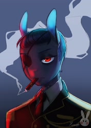 Size: 2480x3508 | Tagged: safe, artist:nozomi180, imported from derpibooru, oc, oc only, oc:zuru, anthro, pegasus, bust, cigar, clothes, eyepatch, female, mare, portrait, signature, simple background, smoke, smoking, soldier, solo, uniform