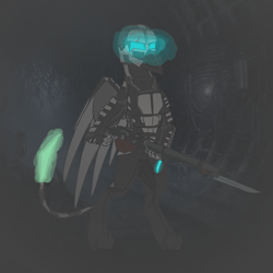 Size: 4214x4218 | Tagged: safe, artist:l.scratch, artist:somber, imported from derpibooru, oc, oc:storm, armor, darkness, dead space, gun, metro, solo, tunnel, weapon