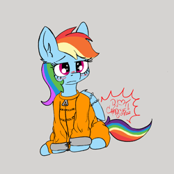 Size: 1400x1400 | Tagged: safe, artist:riotcharge, imported from derpibooru, rainbow dash, pegasus, pony, blushing, bound wings, chains, clothes, cuffs, never doubt rainbowdash69's involvement, prison outfit, prisoner, prisoner rd, solo, wings