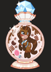Size: 757x1055 | Tagged: safe, artist:stardust-pony, imported from derpibooru, oc, oc:chocolate delight, pony, unicorn, apron, blushing, candy, chocolate, clothes, commission, female, food, lidded eyes, mare, open mouth, perfume, perfume bottle, solo, ych result