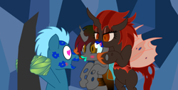 Size: 1260x640 | Tagged: safe, artist:ironwoodakacleanser, imported from derpibooru, eiffel, oc, oc:fade, oc:princess amanita, changeling, changeling queen, earth pony, blue lipstick, blushing, bondage, brown changeling, canon x oc, changeling slime, female, fetish, heart, heart eyes, kissing, lipstick, lipstick fetish, male, open mouth, open smile, red changeling, show accurate, smiling, stallion, wingding eyes