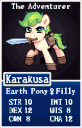 Size: 640x995 | Tagged: safe, artist:hikkage, imported from derpibooru, oc, oc only, oc:karakusa, earth pony, pony, animated, bag, blinking, boots, female, filly, foal, game menu, mouth hold, pose, saddle bag, shoes, stats, sword, weapon