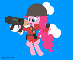 Size: 611x501 | Tagged: safe, artist:ironwoodakacleanser, imported from derpibooru, pinkie pie, earth pony, clothes, cloud, cosplay, costume, female, helmet, mare, rocket launcher, signature, soldier, solo, team fortress 2, weapon