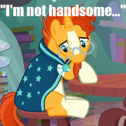 Size: 405x405 | Tagged: safe, imported from derpibooru, sunburst, pony, unicorn, blatant lies, bronybait, chair, cloak, clothes, cute, denial, facial hair, glasses, goatee, male, sad, self deprecation, solo, stallion, sunbetes, sunburst's cloak, sunburst's house, table