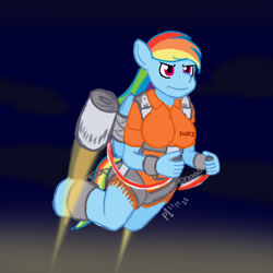 Size: 1000x1000 | Tagged: safe, artist:phallen1, derpibooru exclusive, imported from derpibooru, rainbow dash, anthro, unguligrade anthro, bound wings, breasts, busty rainbow dash, clothes, colored sketch, determined, effort shitposting, epic, escape, flying, jetpack, leotard, manacles, missing cutie mark, never doubt rainbowdash69's involvement, night, prison outfit, prisoner rd, shitposting, sky, wings