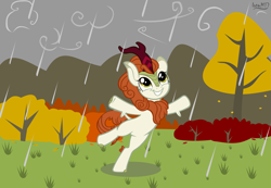 Size: 5175x3589 | Tagged: safe, artist:ironm17, imported from derpibooru, autumn blaze, kirin, absurd resolution, bipedal, cloud, cloudy, cute, female, kirinbetes, rain, smiling, solo, tree