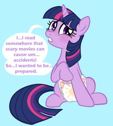 Size: 888x987 | Tagged: safe, artist:juicebarx, imported from derpibooru, twilight sparkle, pony, unicorn, blushing, diaper, diaper fetish, fetish, non-baby in diaper, show accurate, simple background, sitting, solo, speech bubble, unicorn twilight