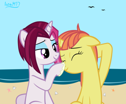 Size: 4169x3476 | Tagged: safe, artist:ironm17, imported from derpibooru, cayenne, citrus blush, pony, unicorn, beach, citruyenne, eyes closed, female, high res, lesbian, mare, shipping, smiling, sunscreen