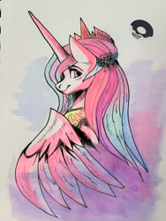 Size: 3024x4032 | Tagged: safe, artist:poxy_boxy, imported from derpibooru, princess celestia, alicorn, pony, bust, female, looking at you, looking back, looking back at you, mare, smiling, smiling at you, solo, traditional art, watercolor painting