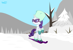 Size: 4478x3118 | Tagged: safe, artist:ironm17, imported from derpibooru, rarity, pony, unicorn, bipedal, boots, female, hat, high res, mare, shoes, skiing, skis, snow, sunglasses, tree, ushanka, winter