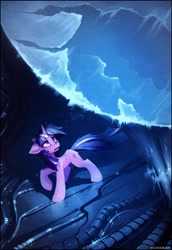 Size: 1956x2840 | Tagged: safe, artist:ramiras, imported from derpibooru, twilight sparkle, pony, unicorn, fanfic:stardust, concerned, crossover, earth, fanfic art, floppy ears, frown, looking up, solo, unicorn twilight, x-com