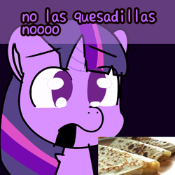 Size: 1250x1250 | Tagged: safe, artist:just loq, imported from derpibooru, twilight sparkle, pony, unicorn, among us, crying, female, food, mare, meme, quesadilla, solo, spanish, they're just so cheesy, unicorn twilight