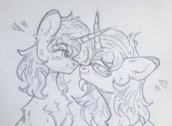 Size: 3126x2292 | Tagged: safe, artist:starkey, imported from derpibooru, oc, oc only, pony, unicorn, chest fluff, cute, duo, ear fluff, eyes closed, eyes open, female, high res, love, male, monochrome, shipping, sketch, smiling, stallion, stallion oc, straight, traditional art