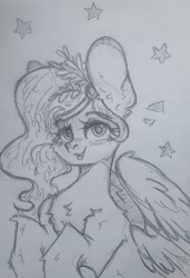 Size: 3004x4392 | Tagged: safe, artist:starkey, imported from derpibooru, pipp petals, pegasus, pony, chest fluff, ear fluff, feather, female, folded wings, g5, half, mare, modular, monochrome, my little pony: a new generation, sketch, smiling, solo, stars, traditional art, wings