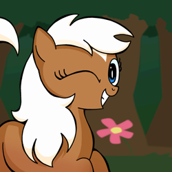 Size: 1000x1000 | Tagged: safe, artist:kid wizard, imported from derpibooru, earth pony, pony, epona, female, flower, looking at you, mare, one eye closed, ponified, smiling, smiling at you, solo, the legend of zelda, tree, wink