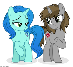 Size: 6300x5808 | Tagged: safe, artist:suramii, imported from derpibooru, oc, oc only, unnamed oc, pony, unicorn, absurd resolution, duo, duo female, eyebrows, female, horn, lidded eyes, looking at each other, looking at someone, mare, raised hoof, shadow, signature, simple background, smiling, smiling at each other, transparent background, unicorn oc