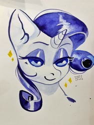 Size: 1536x2048 | Tagged: safe, artist:honeyapplecake, imported from derpibooru, rarity, pony, unicorn, big ears, bust, lidded eyes, looking at you, simple background, smiling, smiling at you, solo, sparkles, traditional art, watercolor painting, white background