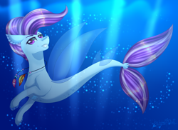 Size: 2750x2000 | Tagged: safe, artist:gabby-artista, imported from derpibooru, oc, oc only, unnamed oc, pegasus, pony, seapony (g4), bubble, clothes, commission, crepuscular rays, digital art, dorsal fin, eyebrows, fins, fish tail, flowing mane, flowing tail, grin, high res, jewelry, looking at you, male, necklace, ocean, purple eyes, purple mane, purple tail, seaponified, seapony oc, see-through, signature, smiling, smiling at you, solo, species swap, stallion, sunlight, swimming, tail, teeth, underwater, water, wings