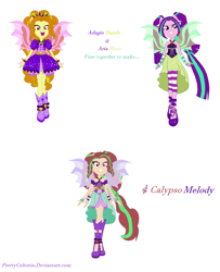 Size: 1136x1400 | Tagged: safe, artist:prettycelestia, imported from derpibooru, adagio dazzle, aria blaze, oc, oc:calypso melody, equestria girls, boots, disguise, disguised siren, double skirt, fusion, fusion:adagio dazzle, fusion:adaria, fusion:aria blaze, gem, high heel boots, multiple arms, ponied up, shoes, siren gem, sirenified, species swap