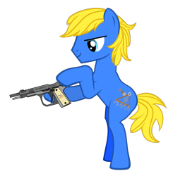 Size: 3233x3296 | Tagged: safe, artist:equestria secret guard, imported from derpibooru, oc, oc only, oc:golden horizon, earth pony, pony, pony creator, bipedal, earth pony oc, gun, hoofgun, male, simple background, solo, stallion, transparent background, weapon
