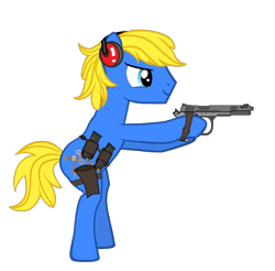 Size: 3573x3518 | Tagged: safe, artist:equestria secret guard, imported from derpibooru, oc, oc only, oc:golden horizon, earth pony, pony, pony creator, bipedal, earth pony oc, gun, hoofgun, male, simple background, solo, stallion, transparent background, weapon