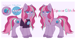 Size: 6000x3105 | Tagged: safe, artist:cheekipone, imported from derpibooru, oc, oc only, oc:space glitch, earth pony, pony, clothes, cutie mark, earth pony oc, female, mare, nasa, reference sheet, shirt, solo, t-shirt, twitter, unshorn fetlocks