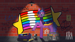Size: 3840x2160 | Tagged: safe, artist:a1ra, imported from derpibooru, izzy moonbow, pony, unicorn, spoiler:g5, spoiler:my little pony: tell your tale, spoiler:tyts01e34, anarchy, bag, boombox, bracelet, cloak, clothes, female, g5, graffiti, jewelry, light, mare, my little pony: tell your tale, rainbow, sneaksy, sneaksy strikes again, spray can, spray paint, wall