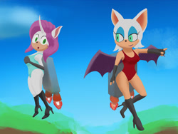 Size: 1280x961 | Tagged: safe, artist:gutsherr, imported from derpibooru, rarity, anthro, bat, unicorn, breasts, clothes, flying, jetpack, leotard, mobian, pointing, rouge the bat, sonic the hedgehog (series), sonicified