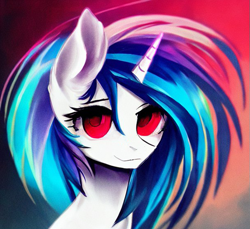 Size: 607x555 | Tagged: safe, editor:v, imported from derpibooru, dj pon-3, vinyl scratch, pony, unicorn, ai content, ai generated, bust, portrait, red eyes, smiling, solo