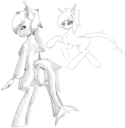 Size: 3535x3620 | Tagged: safe, artist:kainy, imported from derpibooru, oc, oc:kainy, anthro, original species, shark, shark pony, unguligrade anthro, black and white, breasts, butt, chestbreasts, ear fluff, featureless crotch, grayscale, knife, monochrome, plot