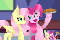 Size: 3000x2000 | Tagged: safe, artist:kathepart, imported from derpibooru, screencap, fluttershy, pinkie pie, earth pony, pegasus, pony, fame and misfortune, duo, food, happy, pie, redesign, scene interpretation, screencap reference