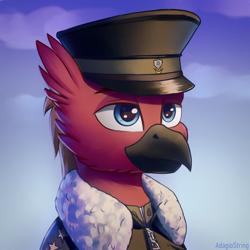 Size: 2000x2000 | Tagged: safe, artist:adagiostring, imported from derpibooru, oc, oc only, griffon, bust, clothes, commission, commission open, griffon oc, headshot commission, male, military, military uniform, portrait, solo, uniform