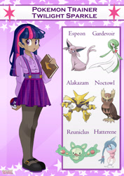 Size: 1920x2716 | Tagged: safe, artist:sk-ree, imported from derpibooru, twilight sparkle, alakazam, espeon, gardevoir, human, noctowl, book, clothes, dark skin, female, hatterene, humanized, master ball, poké ball, pokémon, pokémon team, pokémon trainer, reuniclus, skirt, solo, stockings, thigh highs