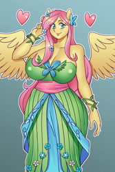 Size: 2000x3000 | Tagged: safe, artist:nauth, imported from derpibooru, fluttershy, anthro, pegasus, adorasexy, big breasts, breasts, busty fluttershy, cleavage, clothes, commission, cute, dress, female, gala dress, gradient background, grand galloping gala, heart, huge breasts, looking at you, mare, outline, sexy, shyabetes, smiling, smiling at you, solo, white outline