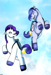 Size: 883x1280 | Tagged: safe, artist:kstheprotowolf, imported from derpibooru, pipp petals, rarity, pegasus, pony, unicorn, flying, g5, happy, jetpack, looking at each other, looking at someone, open mouth, sky, sky background, wrong color