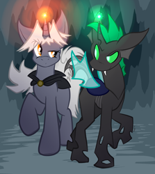 Size: 2635x2959 | Tagged: safe, artist:virmir, imported from derpibooru, oc, oc only, oc:shifting sands, oc:virmare, oc:virmir, changeling, unicorn, cape, cave, changeling oc, clothes, fangs, female, green changeling, looking at each other, looking at someone, magic, male, raised eyebrow, raised leg