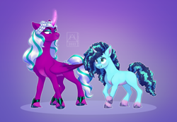 Size: 3130x2160 | Tagged: safe, artist:bluefeathercat, imported from derpibooru, opaline arcana, alicorn, pony, unicorn, spoiler:g5, spoiler:my little pony: make your mark, duo, duo female, eye contact, eyebrows, eyeshadow, female, folded wings, frown, g5, glowing, glowing horn, grin, height difference, high res, horn, looking at each other, looking at someone, magic, magic aura, makeup, mare, misty brightdawn, my little pony: make your mark, nervous, nervous grin, pale belly, physique difference, raised hoof, signature, slim, smiling, unshorn fetlocks, wings