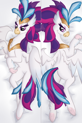 Size: 900x1350 | Tagged: safe, artist:virenth, imported from derpibooru, queen novo, hippogriff, my little pony: the movie, body pillow, body pillow design, butt, female, jewelry, looking at you, lying down, on side, plot, queen novass, regalia, solo, spread wings, underhoof, wings