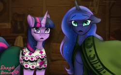 Size: 2500x1550 | Tagged: safe, artist:dangel-demon, imported from derpibooru, princess luna, twilight sparkle, pony, clothes, dress, encanto, looking at you, watermark