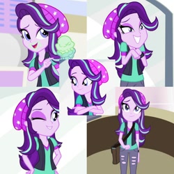 Size: 720x720 | Tagged: safe, artist:megalobronia, edit, imported from derpibooru, screencap, starlight glimmer, human, equestria girls, mirror magic, spoiler:eqg specials, bag, beanie, collage, cute, food, glimmerbetes, hat, ice cream, looking at you, one eye closed, smiling, solo, wink