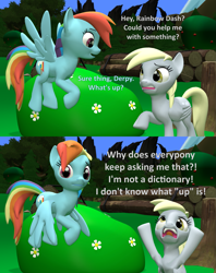 Size: 1707x2160 | Tagged: safe, artist:red4567, imported from derpibooru, derpy hooves, rainbow dash, pegasus, pony, 3d, angry, aside glance, bush, comic, duo, duo female, female, literal minded, looking at you, mare, source filmmaker