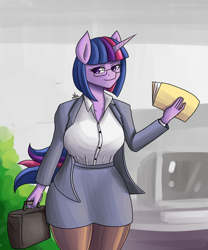 Size: 1500x1800 | Tagged: safe, artist:zachc, imported from derpibooru, twilight sparkle, anthro, unicorn, alternate hairstyle, clothes, female, glasses, office, solo