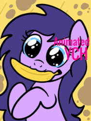 Size: 750x1000 | Tagged: safe, artist:lannielona, imported from derpibooru, oc, pony, advertisement, animated, banana, chewing, commission, eating, food, gif, herbivore, shiny eyes, silly, solo, your character here