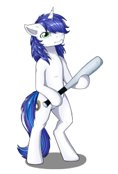 Size: 2043x3000 | Tagged: safe, artist:nothingspecialx9, imported from derpibooru, oc, oc only, oc:shifting gear, pony, unicorn, baseball bat, bipedal, looking at you, simple background, solo, transparent background, unamused