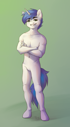 Size: 1100x2000 | Tagged: safe, artist:spirit-dude, imported from derpibooru, oc, oc:shifting gear, anthro, pony, unicorn, casual nudity, featureless crotch, not shining armor, nudity, solo