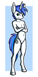 Size: 882x1800 | Tagged: safe, artist:karat3l, imported from derpibooru, oc, oc:shifting gear, anthro, unicorn, crossed arms, looking at you, nudity, solo